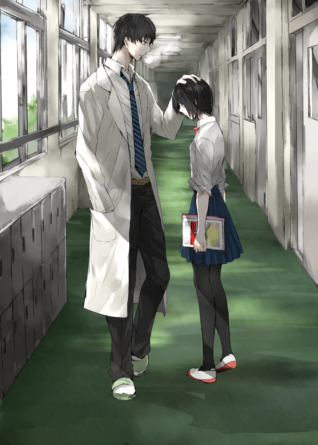 1boy, 1girl, black_hair, cigarette, female, hallway, hand_on_another's_head, highres