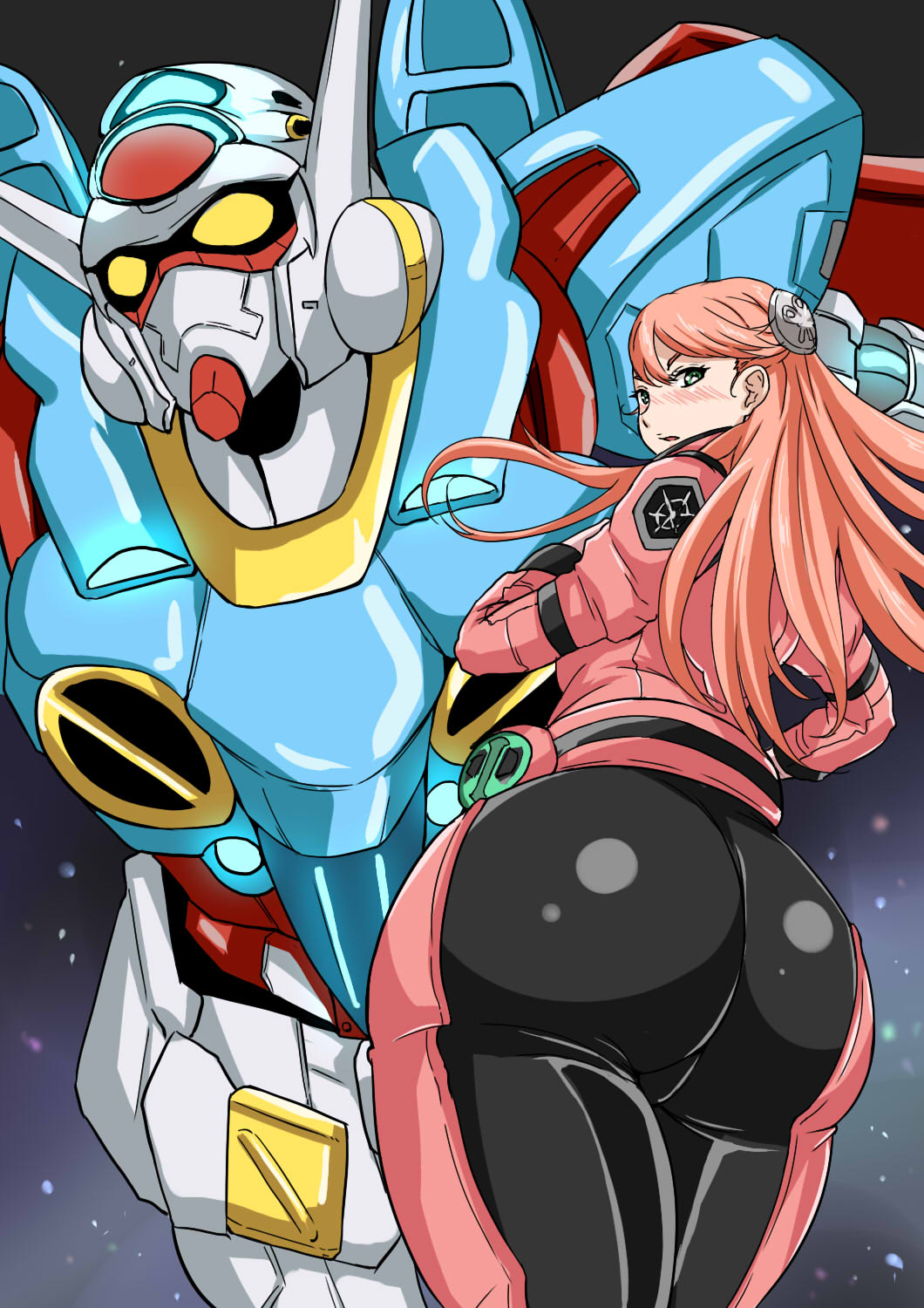 1girl, aida_reihanton, ass, ayuayu_(shouyu_no_sato), blush, bodysuit, green_eyes, gundam