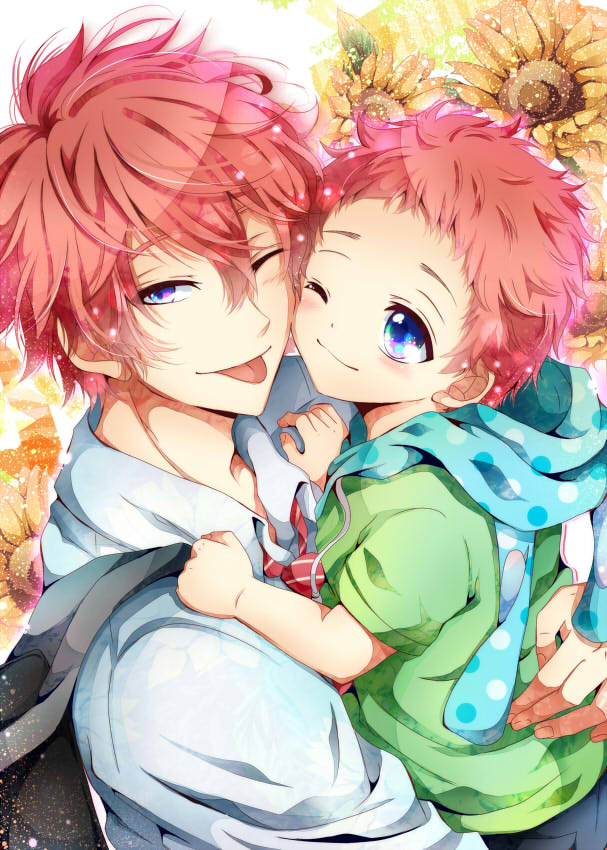 2boys, blue_eyes, blush, brothers, carrying, free!, hoodie, kaya_(hydego)