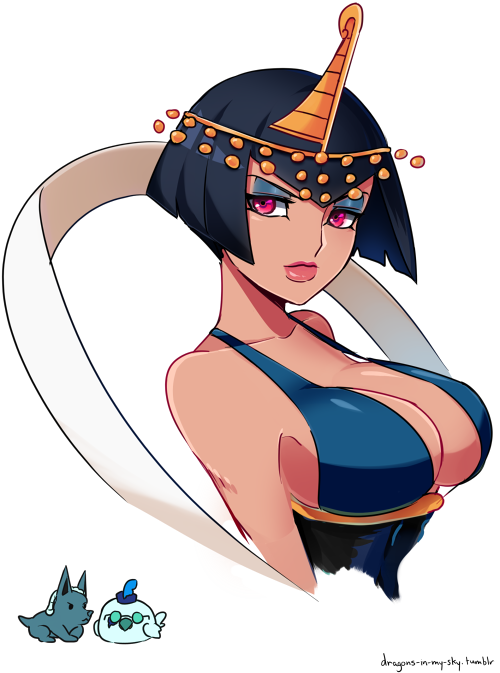 1girl, albus_(skullgirls), alternate_color, bare_shoulders, bird, black_hair, breasts, bust, circlet, cleavage, collarbone, dark_skin, eliza_(skullgirls), eyeshadow, horace_(skullgirls), large_breasts, lips, makeup, pink_eyes, short_hair, sideboob, skullgirls, solo, watermark, web_address, xryuu
