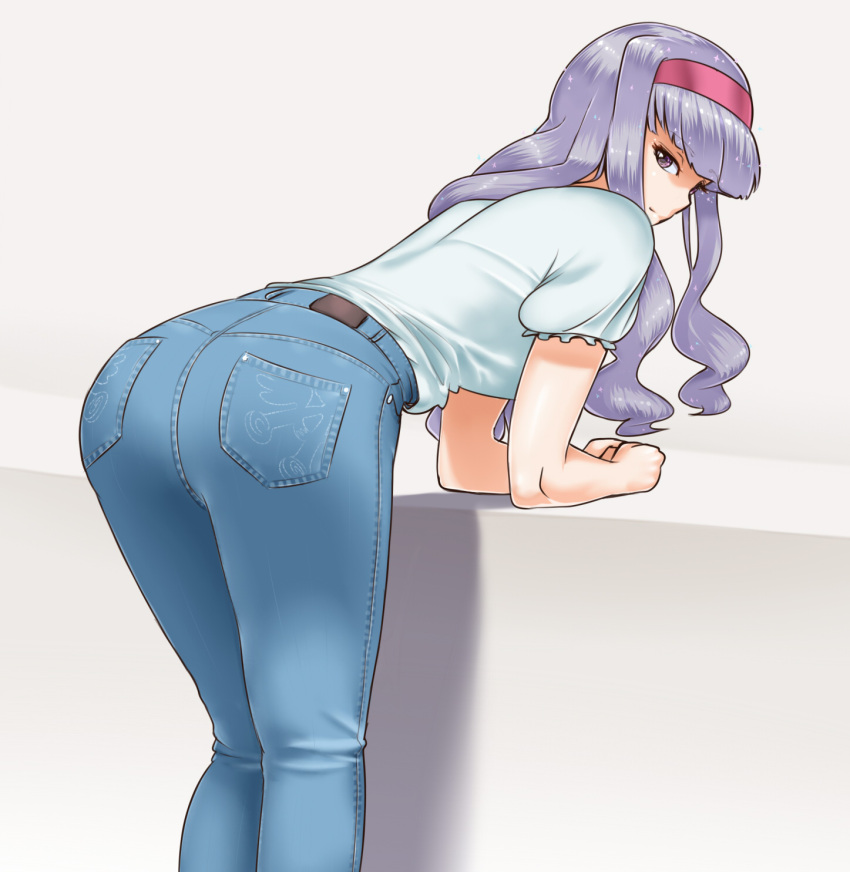 1girl, ass, burakku-ra, denim, grey_hair, hairband, highres, idolmaster