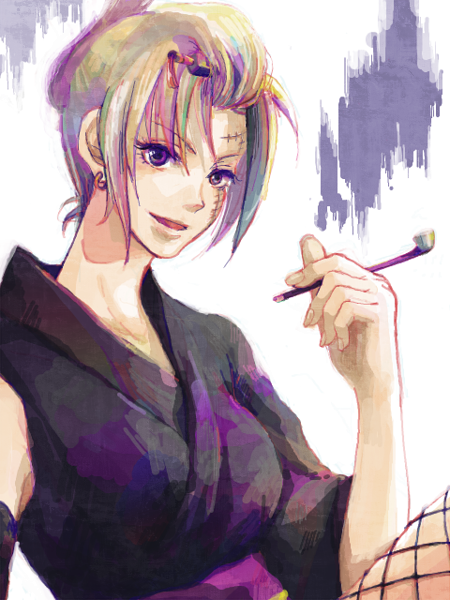 blonde_hair, earrings, fishnet_pantyhose, fishnets, gintama, japanese_clothes, jewelry, kiseru