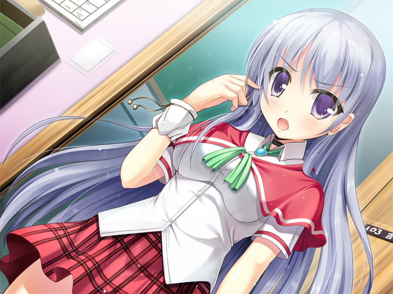 1girl, blush, kokage, long_hair, open_mouth, original, plaid, plaid_skirt