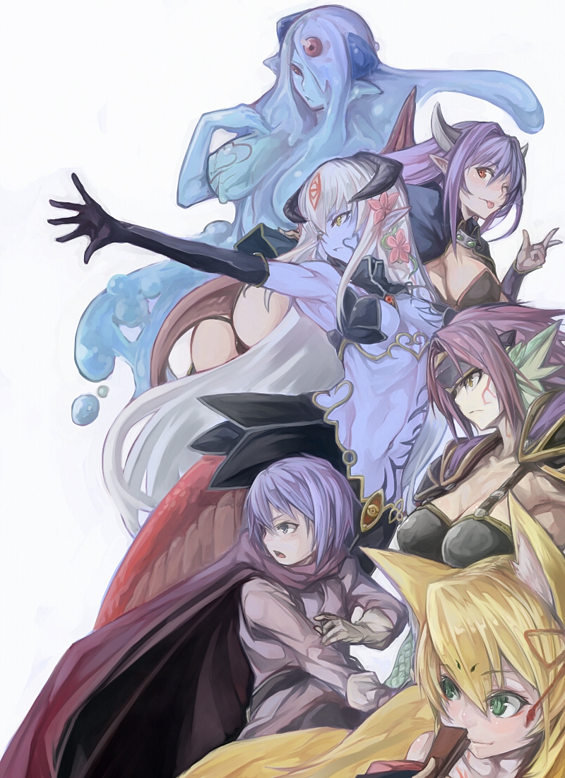 1boy, 5girls, alisfieze_fateburn_xvi, alma_elma, animal_ears, armor, armpits, ass