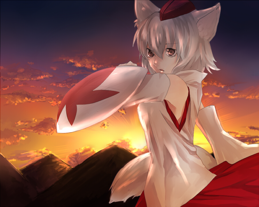 bad_id, detached_sleeves, hat, inubashiri_momiji, red_eyes, shield, short_hair, siratan