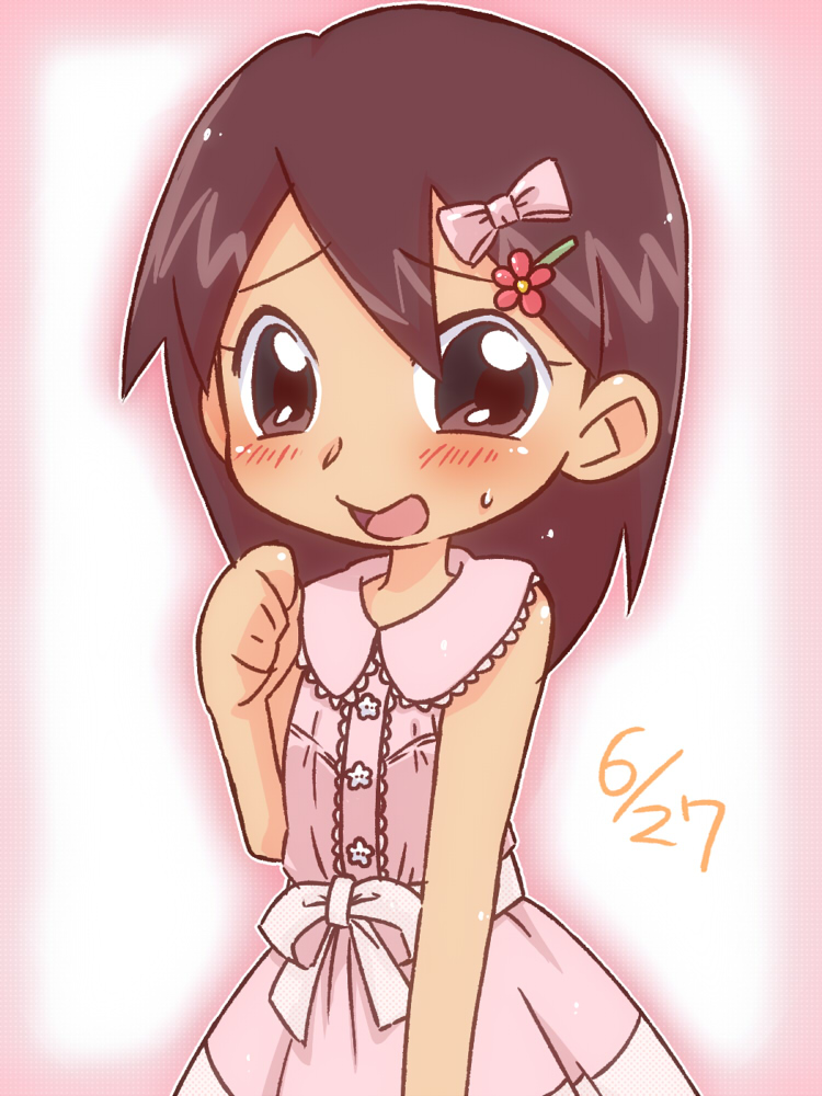 1girl, blush, bow, brown_hair, dress, flower, hair_bow, manda_yoko