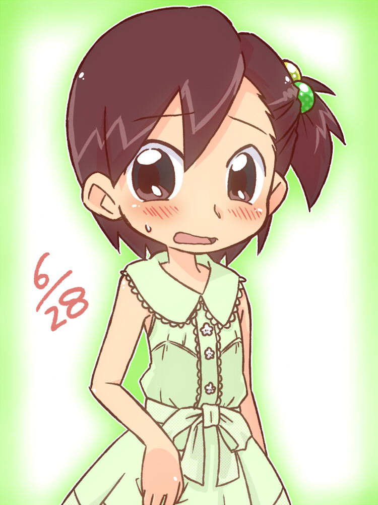 1boy, blush, brown_hair, dress, male, manda_junji, ojamajo_doremi, open_mouth