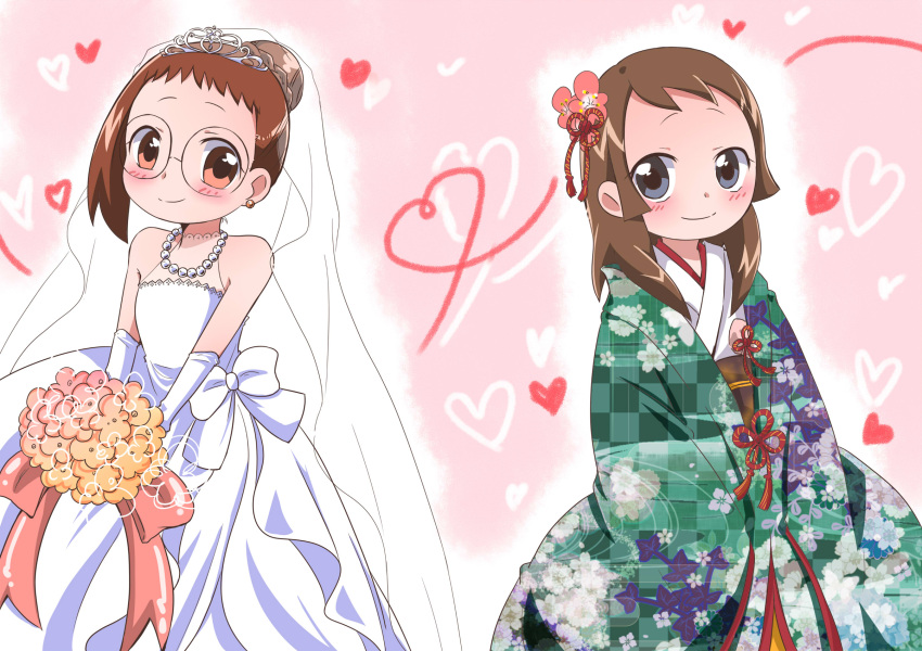 2girls, blue_eyes, blush, bouquet, bow, brown_hair, dress, flower