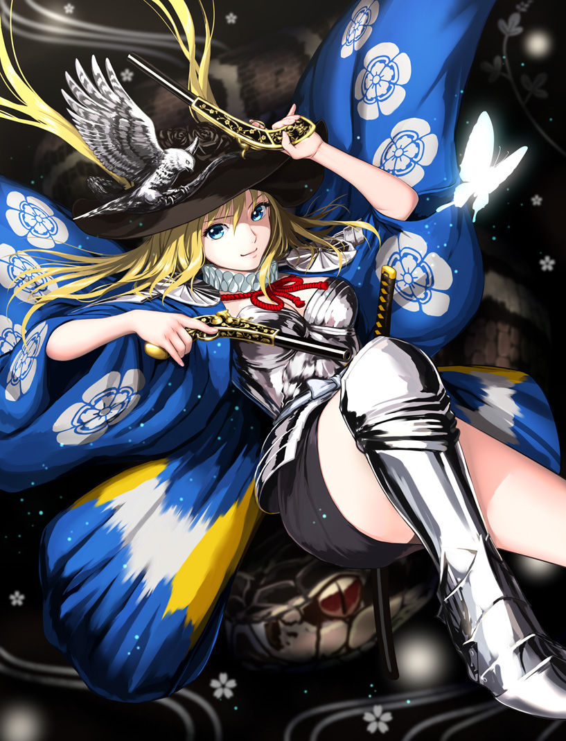 1girl, blonde_hair, blue_eyes, breastplate, dual_wielding, greaves, gun, handgun