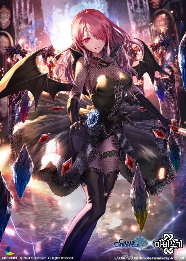 1girl, bat_wings, chain_chronicle, hair_over_one_eye, holding, jname, long_hair, looking_at_viewer