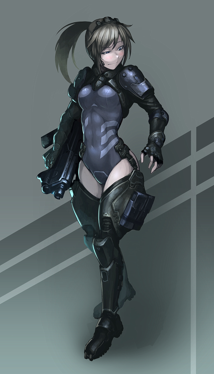 1girl, armored_boots, blue_eyes, blush, bodysuit, boots, brown_hair, covered_navel