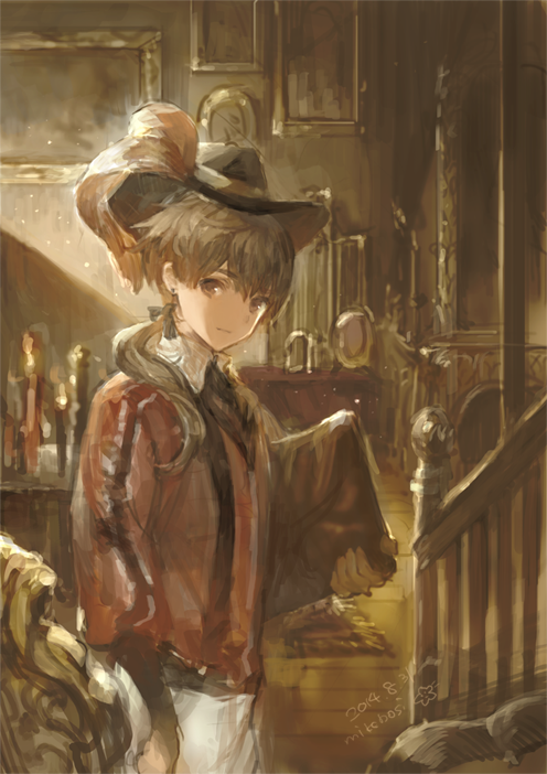 1boy, artist_name, banister, carrying, cowboy_shot, dark_skin, hat, jacket