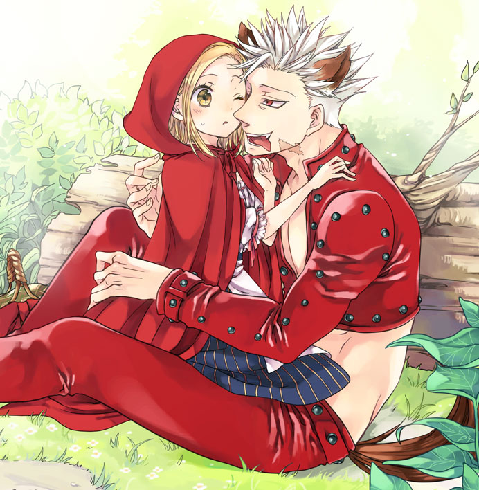 1boy, 1girl, ban_(nanatsu_no_taizai), blonde_hair, blush, cosplay, couple, elaine