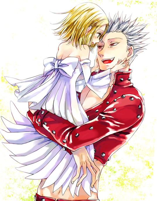 1boy, 1girl, ban_(nanatsu_no_taizai), bare_shoulders, blonde_hair, couple, dress, elaine