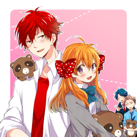 2boys, 2girls, :d, ahoge, black_hair, blazer, bow, brown_hair, earrings, gekkan_shoujo_nozaki-kun, hair_bow, hori_masayuki, jewelry, kashima_yuu, lowres, mikoshiba_mikoto, multiple_boys, multiple_girls, necktie, open_mouth, orange_hair, polka_dot_bow, red_eyes, redhead, sakura_chiyo, school_uniform, smile, tanuki, violet_eyes, yuna_(pi988y)