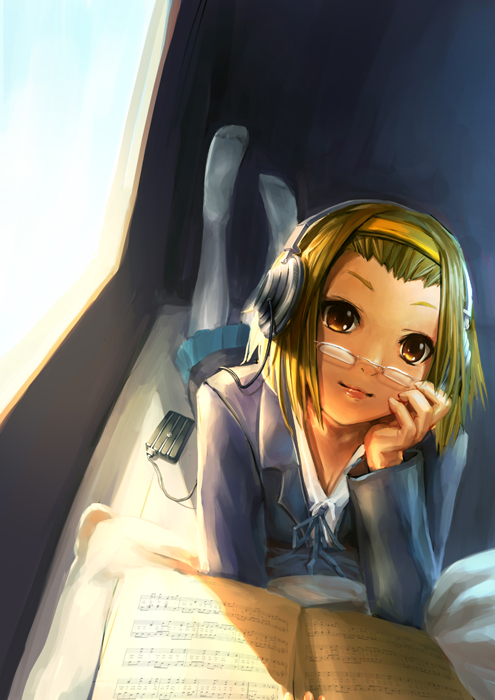 bespectacled, book, brown_eyes, brown_hair, glasses, hairband, haoyuan, headphones