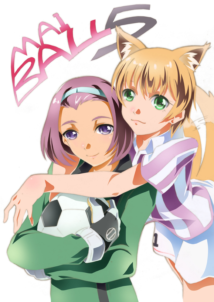 2girls, animal_ears, aomi_rinka, ball, fox_ears, fox_tail, goalkeeper, hairband, hug, hug_from_behind, inukai_kiiro, kemonomimi_mode, mai_ball!, multiple_girls, shorts, smile, soccer_ball, soccer_uniform, sportswear, tail, tsu_chi_miyuki