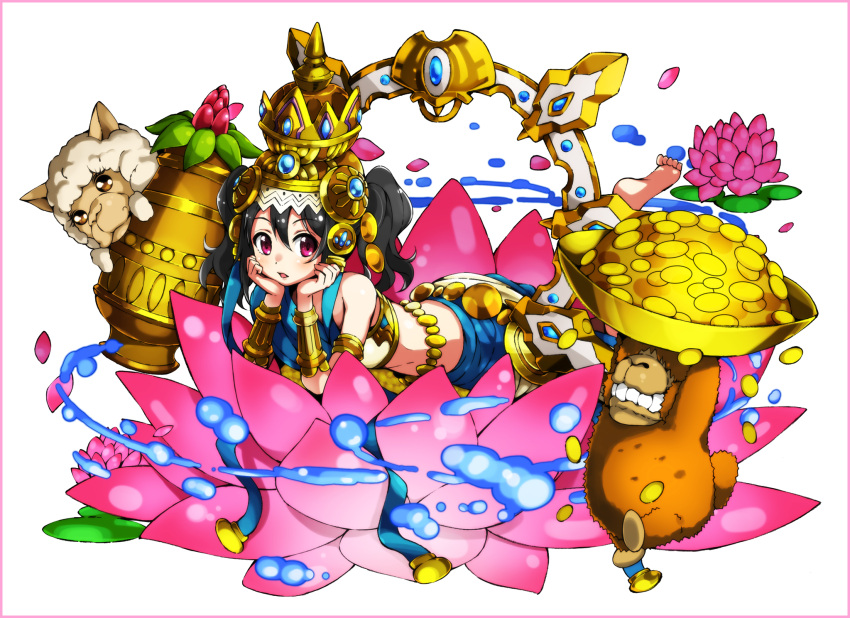 1girl, alpaca, barefoot, black_hair, chin_rest, crown, flower, gold