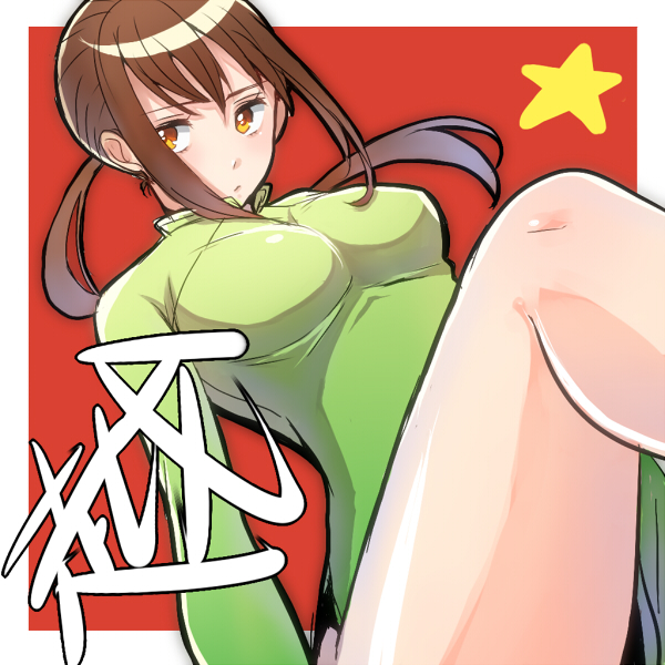 1girl, axis_powers_hetalia, border, breasts, brown_hair, dress, green_dress, large_breasts, leg_up, long_sleeves, ponytail, shakedon, side_slit, solo, star, taut_clothes, taut_dress, vietnam_(hetalia), vietnamese_dress, vietnamese_flag, yellow_eyes