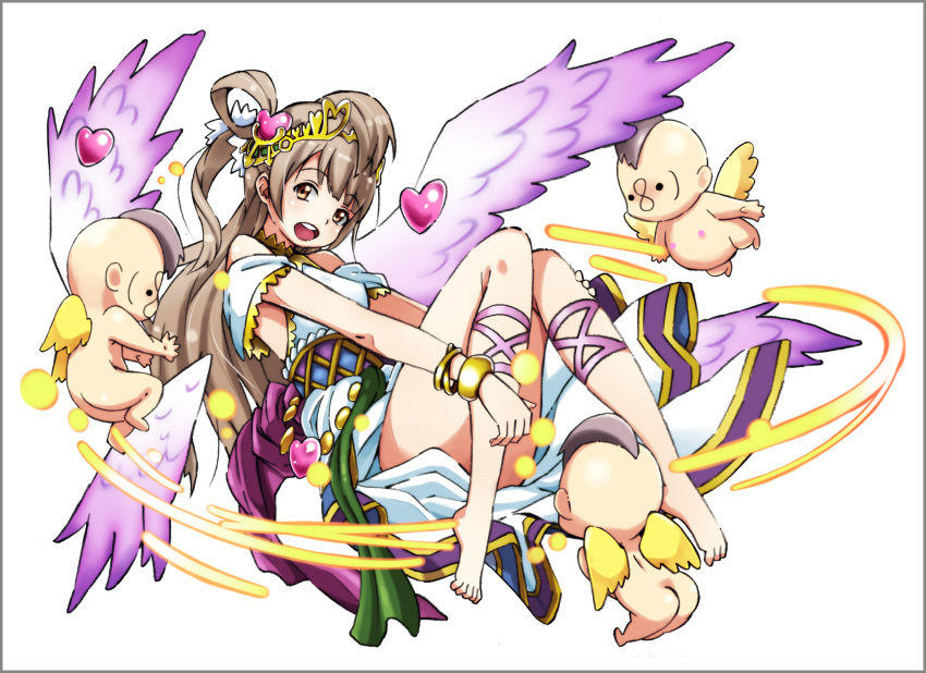 1girl, :d, bare_shoulders, barefoot, brown_eyes, brown_hair, heart, highres