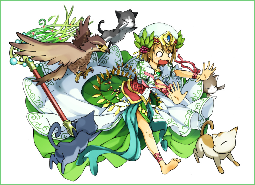 1girl, barefoot, bird, brown_hair, cat, dress, freyja_(p&amp;d), freyja_(p&amp;d)_(cosplay)
