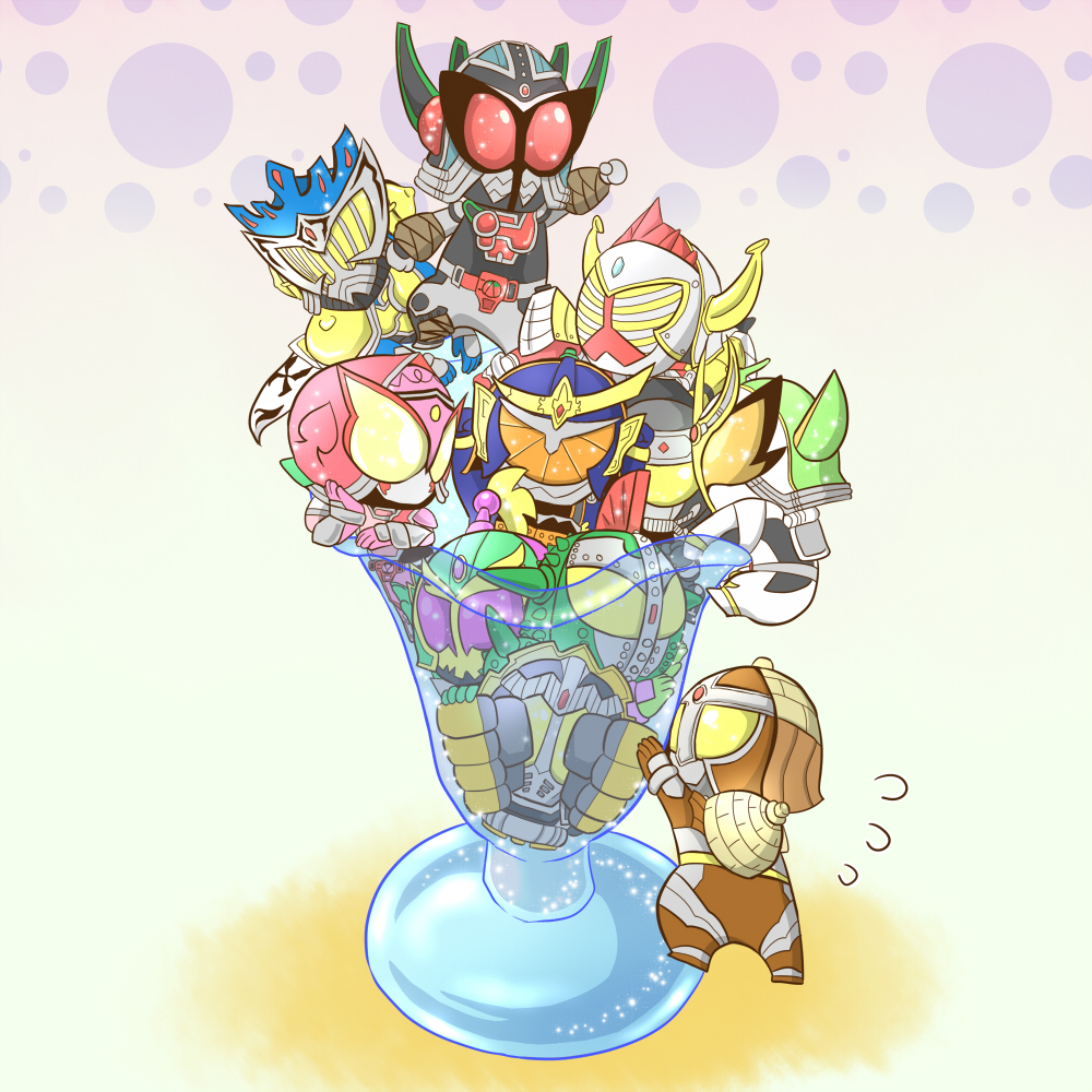 1girl, 6+boys, banana, belt, cherry, cup, female, food