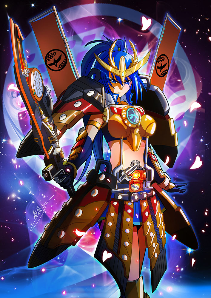 1girl, akito_jin, armor, banner, belt, blue_eyes, blue_hair, female