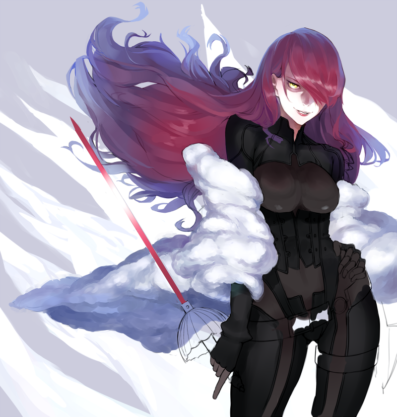 bodysuit, breasts, fur_coat, hair_over_one_eye, hand_on_hip, kabe, kirijou_mitsuru, long_hair