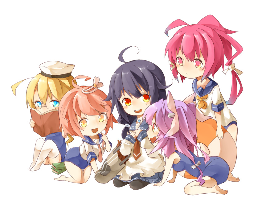 5girls, :d, ahoge, black_hair, blonde_hair, blue_eyes, book, glasses