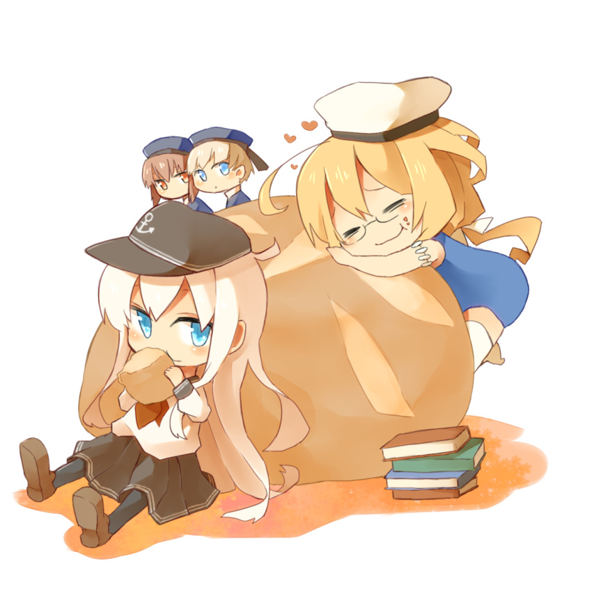 4girls, ahoge, blonde_hair, blue_eyes, book, brown_eyes, brown_hair, chibi