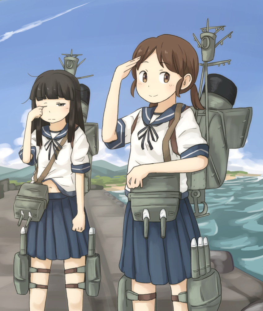 2girls, bangs, black_eyes, black_hair, blue_skirt, blunt_bangs, chi-kun_(seedyoulater), condensation_trail