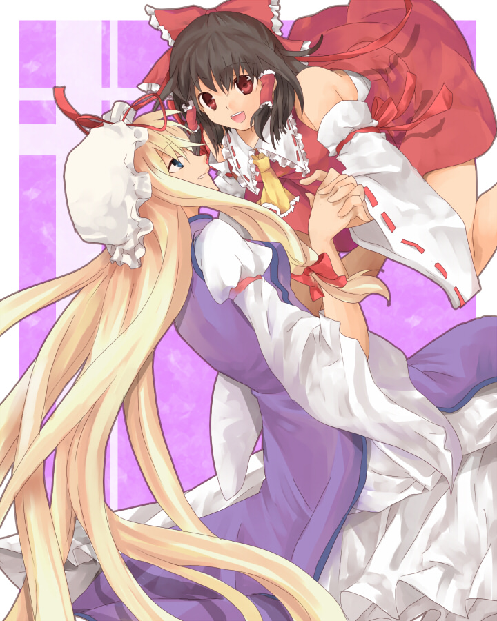 asagi-so, blonde_hair, blue_eyes, bow, brown_hair, detached_sleeves, hakurei_reimu, hat