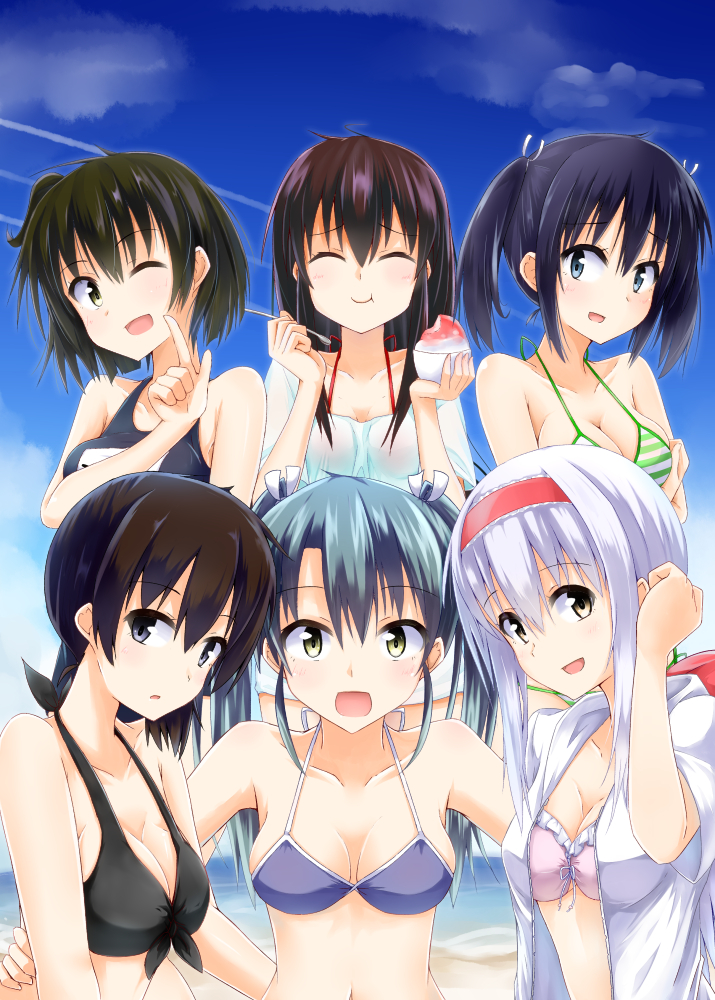 6+girls, :d, ^_^, akagi_(kantai_collection), aqua_hair, arm_around_waist, bare_shoulders, bikini, black_bikini, black_eyes, black_hair, blue_bikini, blue_eyes, brown_hair, closed_eyes, clouds, collarbone, front-tie_bikini, front-tie_top, green_eyes, hairband, hiryuu_(kantai_collection), kaga_(kantai_collection), kantai_collection, long_hair, looking_at_viewer, multiple_girls, navel, open_mouth, pink_bikini, school_swimsuit, shaved_ice, short_hair, shoukaku_(kantai_collection), side_ponytail, silver_hair, sky, smile, souryuu_(kantai_collection), sun_hoshi, swimsuit, twintails, wink, yellow_eyes, zuikaku_(kantai_collection)
