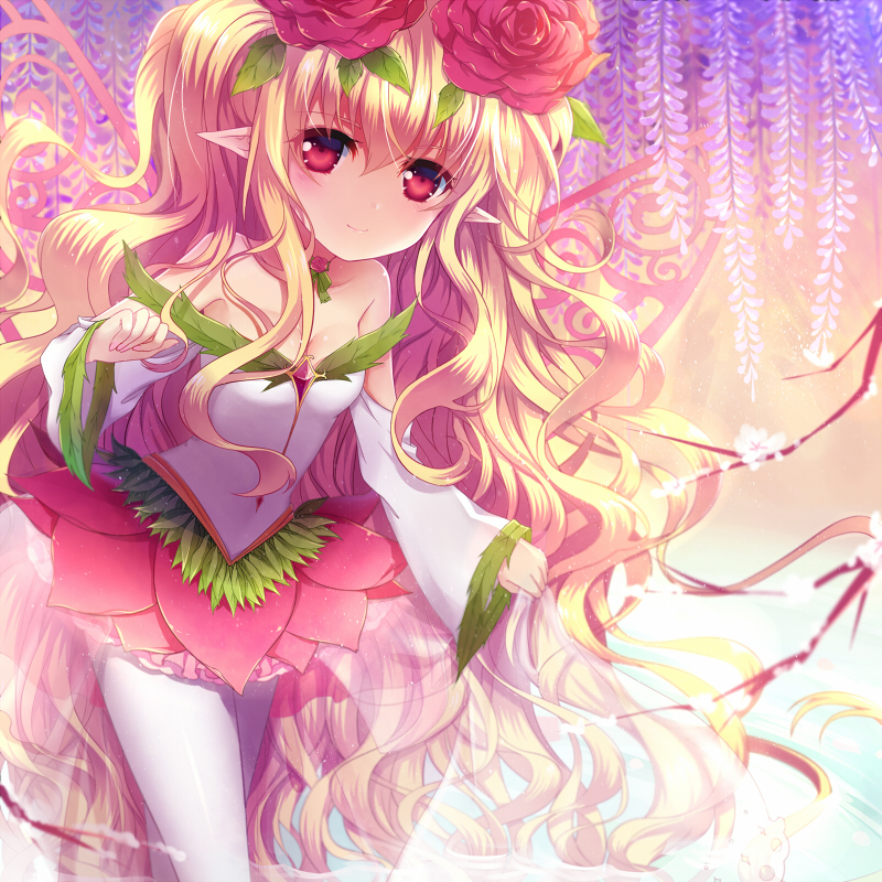 1girl, bare_shoulders, blonde_hair, breasts, cleavage, dungeon_and_fighter, flower, flower_on_head