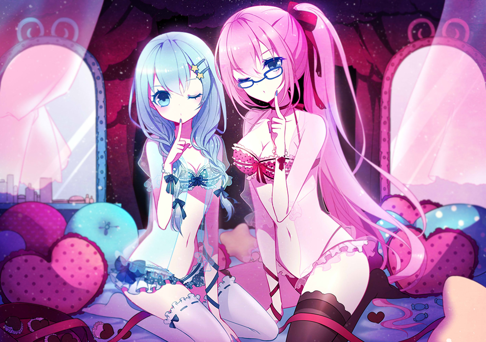2girls, alternate_hairstyle, blue_eyes, blue_hair, bow, bra, finger_to_mouth, glasses, hair_bow, hair_ribbon, hatsune_miku, heart, heart_pillow, ling_(sroin), long_hair, looking_at_viewer, low_twintails, megurine_luka, mirror, multiple_girls, navel, pillow, pink_hair, ponytail, ribbon, sitting, thighhighs, twintails, underwear, veil, vocaloid, wink