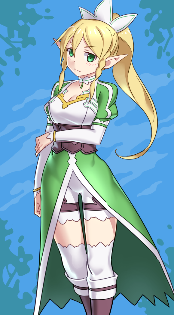 1girl, bike_shorts, blonde_hair, braid, green_eyes, kugata1, leafa, long_hair