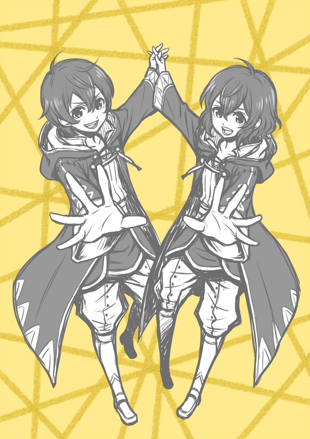 1boy, 1girl, ahoge, boots, dual_persona, fire_emblem, fire_emblem:_kakusei, hashibami_(haru), highres, holding_hands, hooded_jacket, mark_(fire_emblem), monochrome, open_mouth, smile, yellow_background