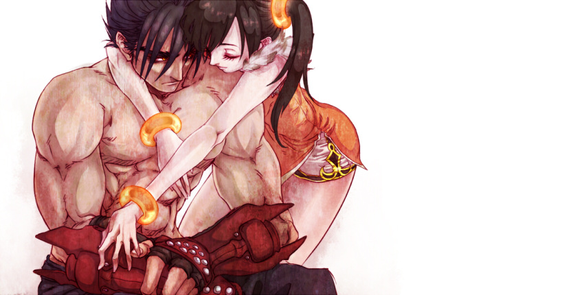 1boy, 1girl, black_hair, bracelet, chinese_clothes, closed_eyes, couple, gloves