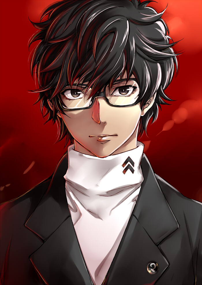 1boy, amamiya_ren, atlus, black_eyes, black_hair, glasses, kurusu_akira, male, megami_tensei, persona, persona_5, protagonist_(persona_5), red_background, school_uniform, short_hair, simple_background, solo, yasshan