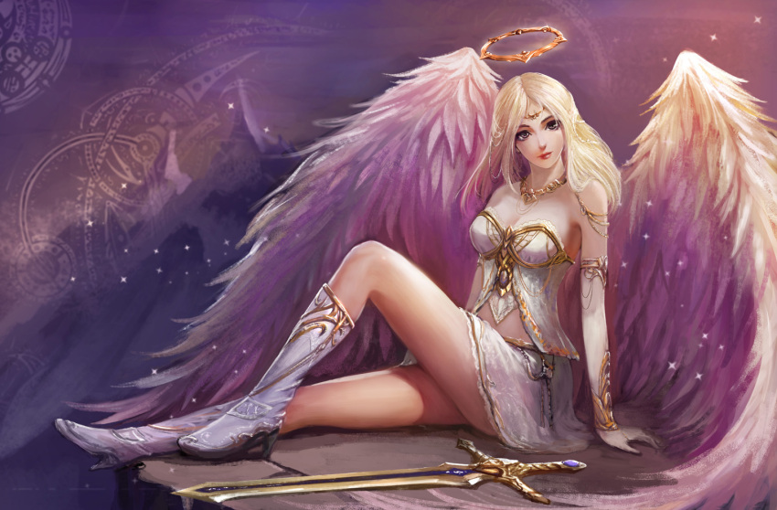 1girl, angel, angel_wings, arm_support, bare_shoulders, blonde_hair, breasts, bustier, elbow_gloves, gloves, grey_eyes, halo, high_heel_boots, high_heels, jewelry, kayle, kaze_no_gyouja, knee_up, league_of_legends, light_particles, long_hair, looking_at_viewer, midriff, miniskirt, necklace, sitting, skirt, solo, sword, weapon, wings