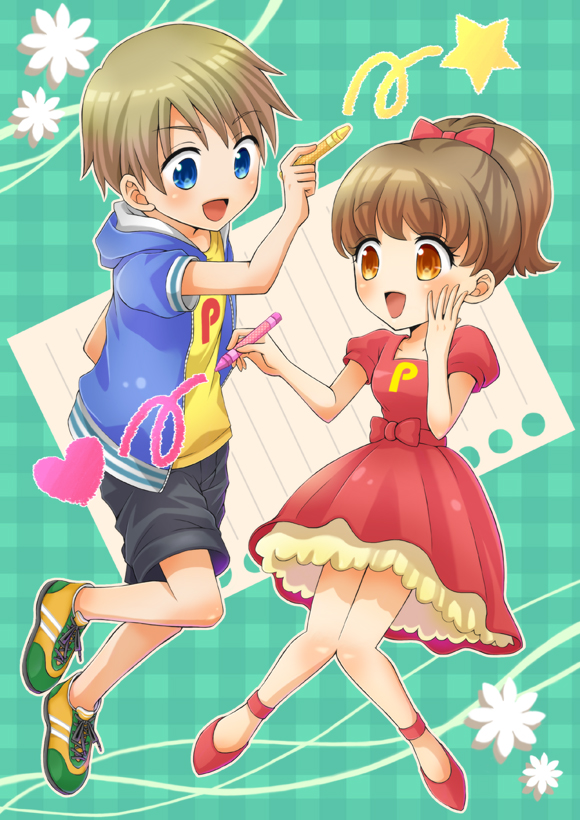 1boy, 1girl, blue_eyes, blush, brown_hair, crayon, dress, lulu_(pentel)