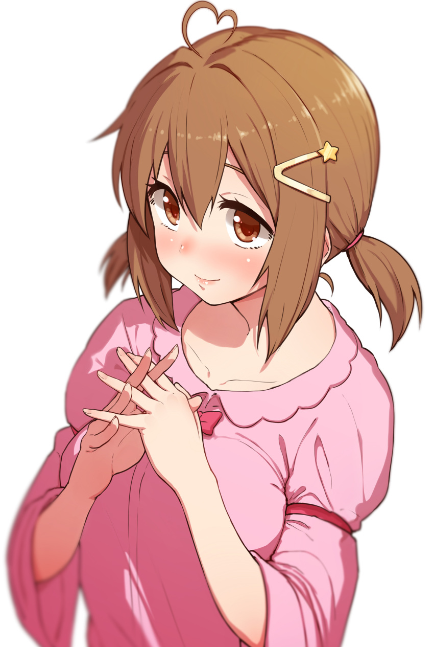 1girl, ahoge, blush, breasts, brown_eyes, brown_hair, hair_ornament, hairclip