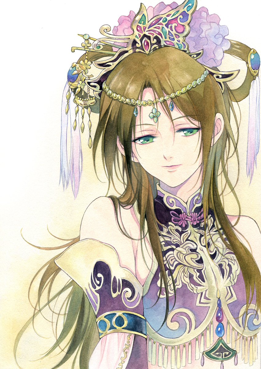 1girl, agahari, bare_shoulders, blush, brown_hair, circlet, hair_ornament, hair_rings
