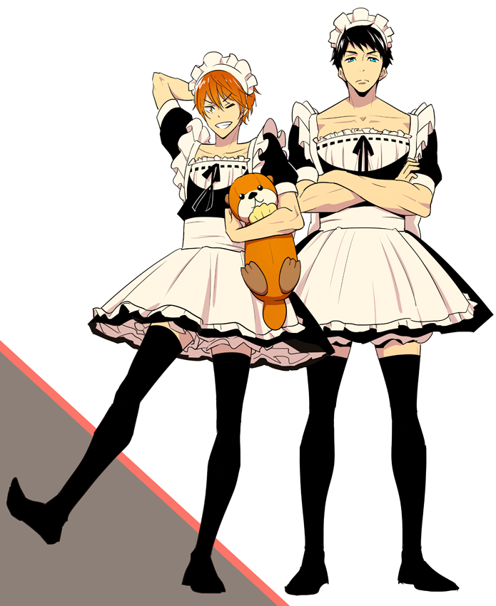 2boys, alternate_costume, black_legwear, blue_eyes, crossdressinging, dress, enmaided, free!