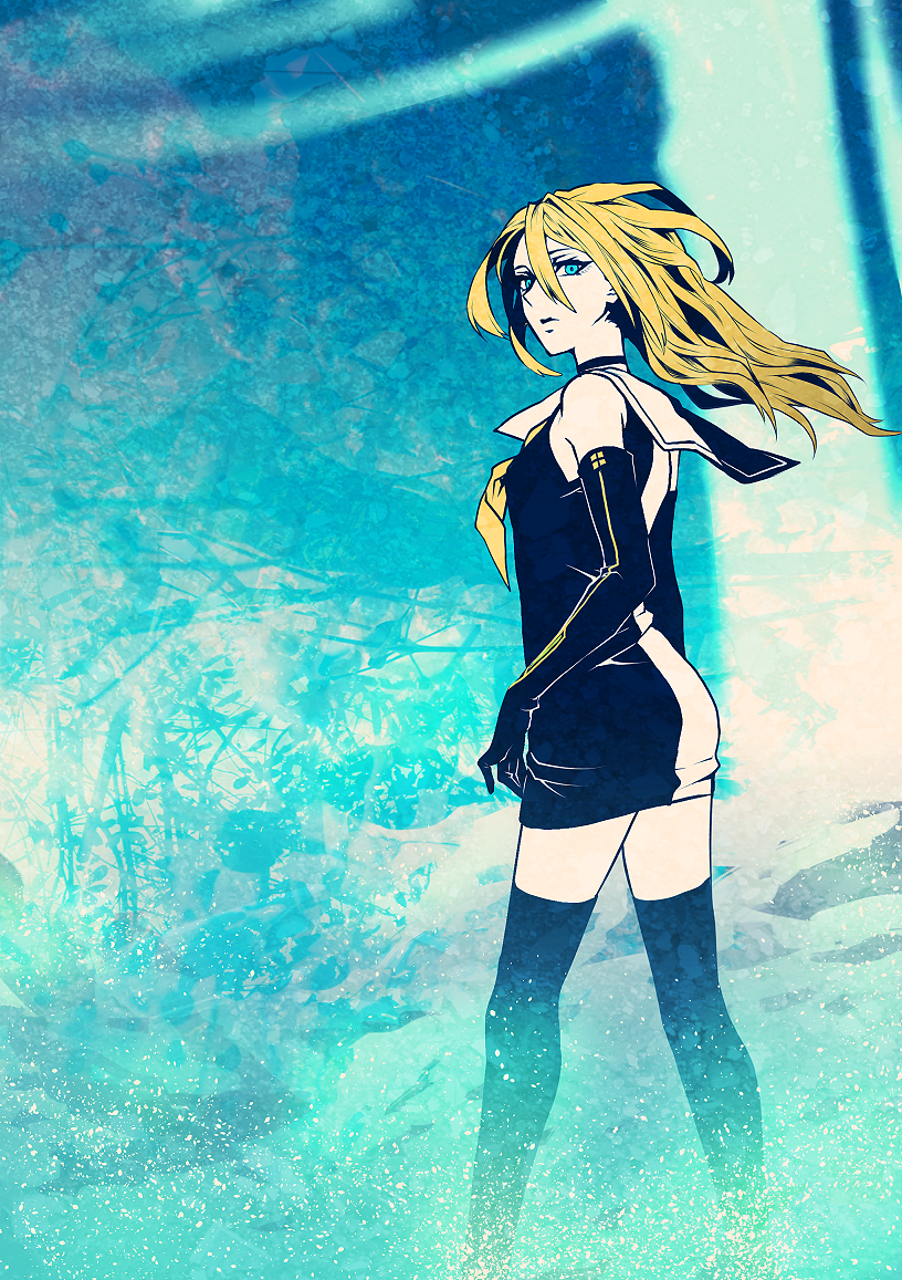 1girl, alternate_hairstyle, black_gloves, black_legwear, blonde_hair, blue_eyes, dress, elbow_gloves