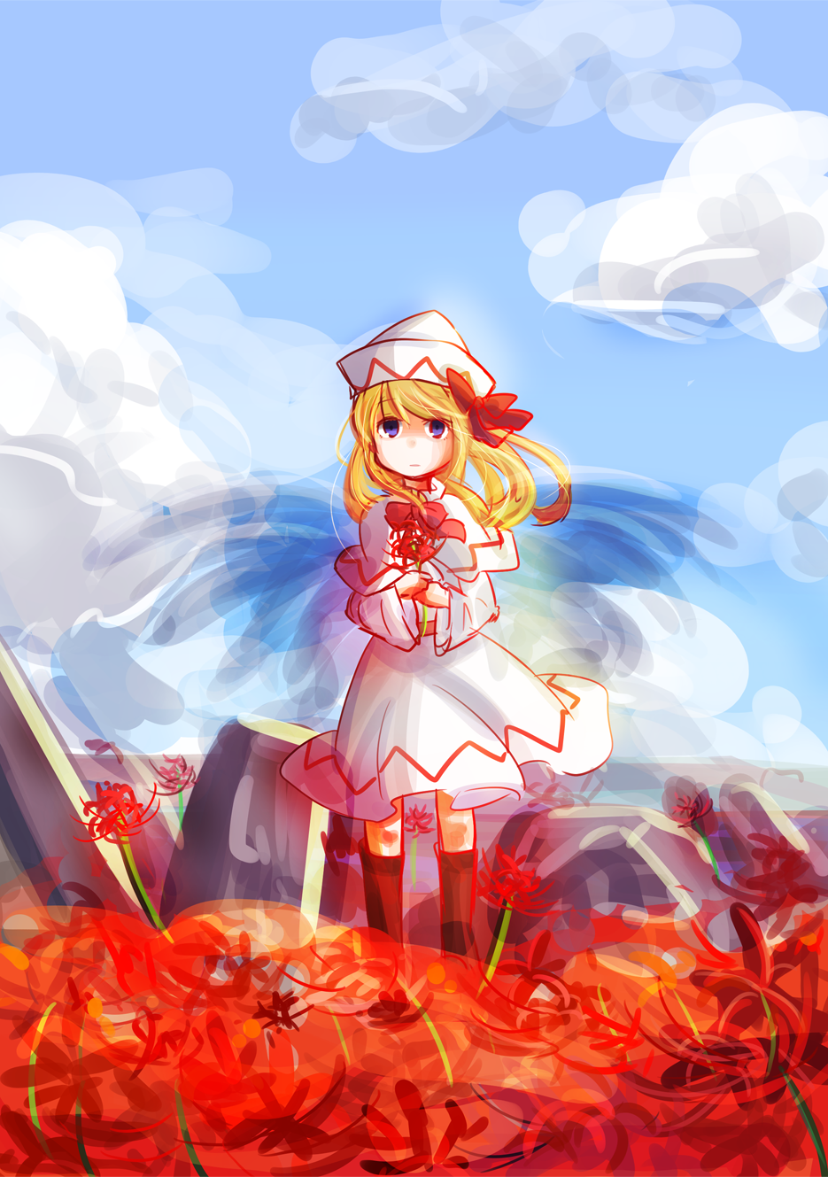 1girl, blonde_hair, blue_eyes, boots, dress, flower, hat, highres