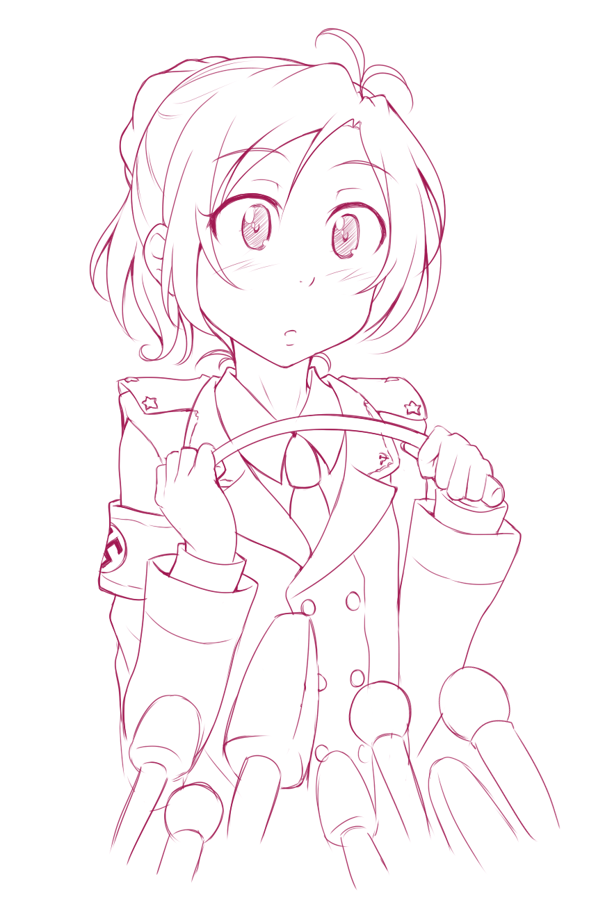 1girl, ahoge, armband, commentary, ghettoyouth, hair_bun, highres, lineart