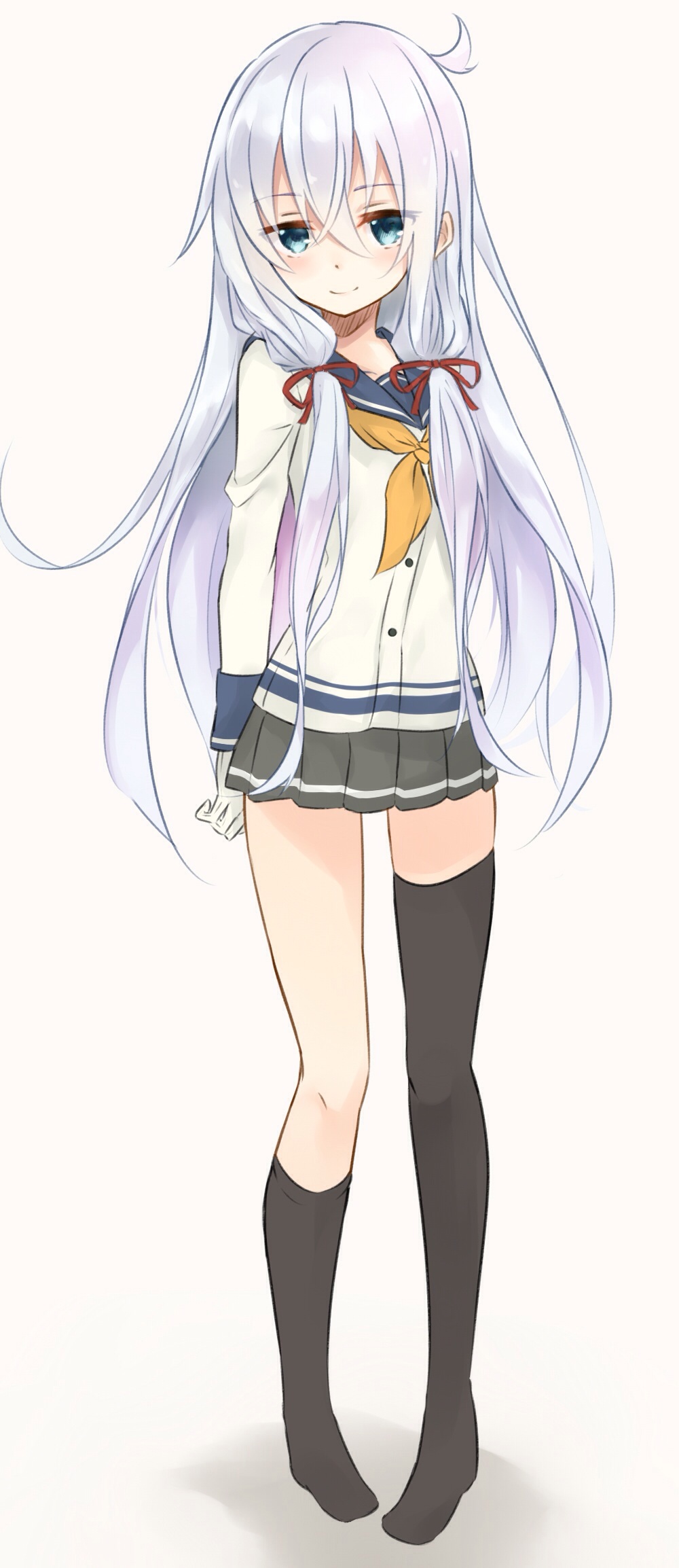 1girl, arm_behind_back, asymmetrical_legwear, azuuru_(azure0608), blue_eyes, blush, cosplay, full_body