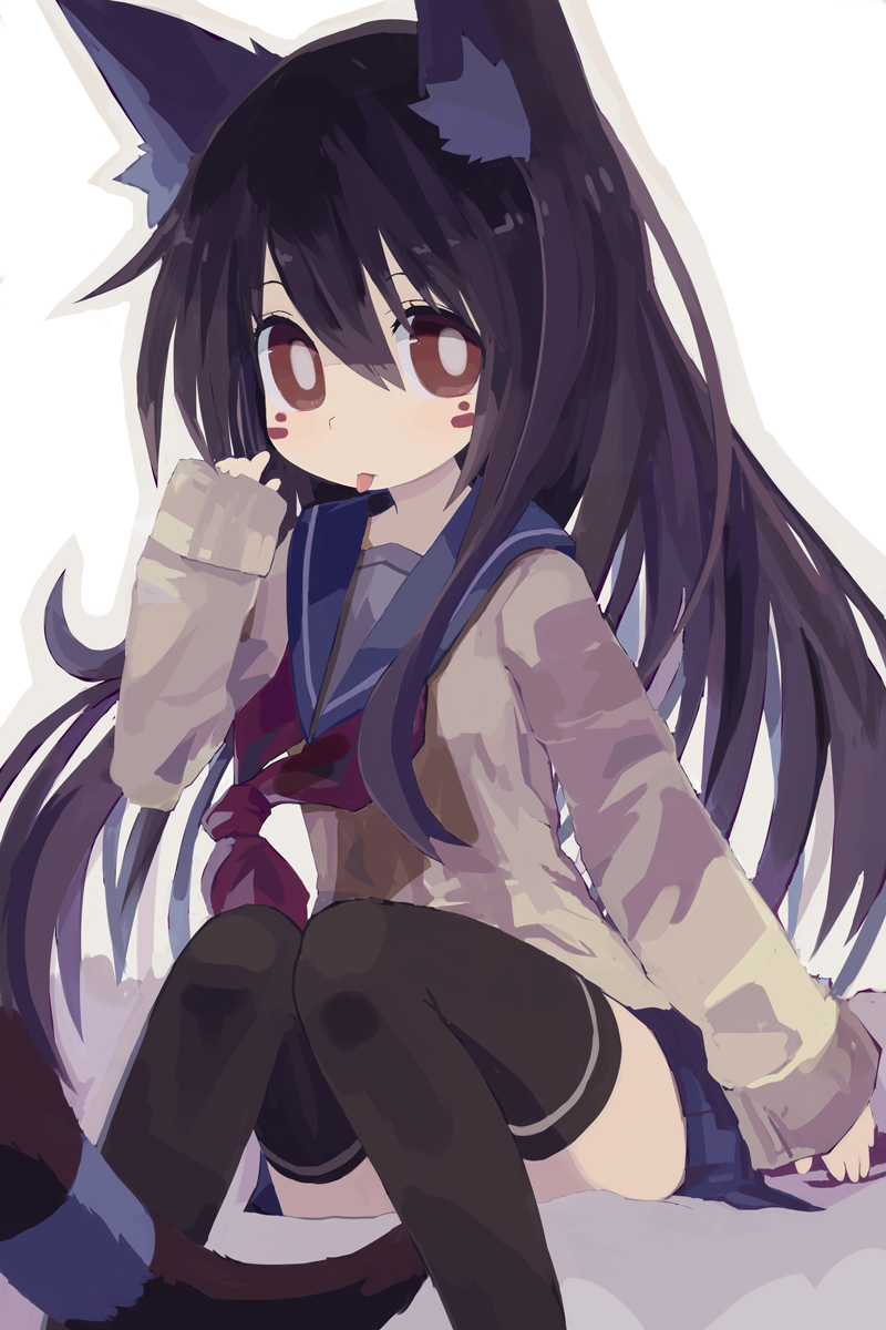1girl, animal_ears, black_hair, brown_eyes, cat_ears, cat_tail, highres, long_hair, looking_at_viewer, no_panties, original, paprika_shikiso, pleated_skirt, school_uniform, serafuku, sitting, skirt, solo, tagme, tail, tongue, tongue_out