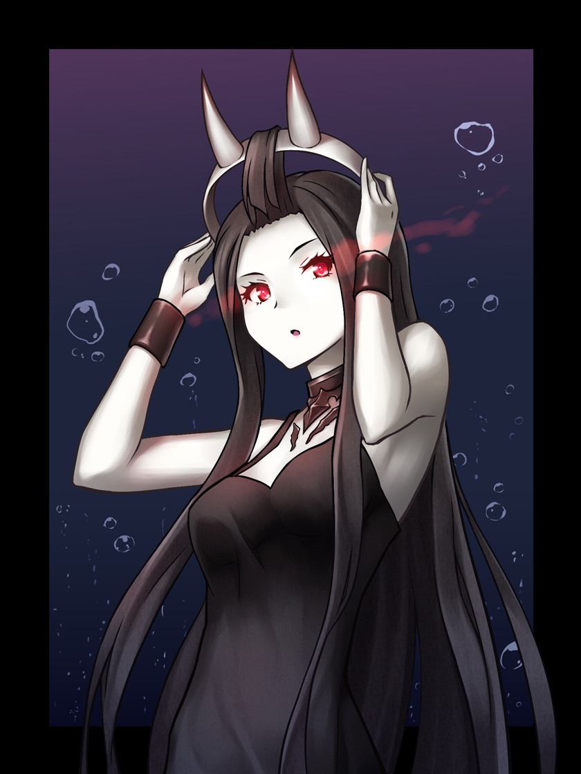 1girl, athrun1120, battleship-symbiotic_hime, black_border, black_dress, black_hair, breasts, bubble